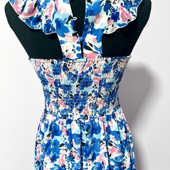 Melloday Floral flutter sleeves smocked Maxi Dress in Blue and Pink  SMALL - Picture 14 of 16